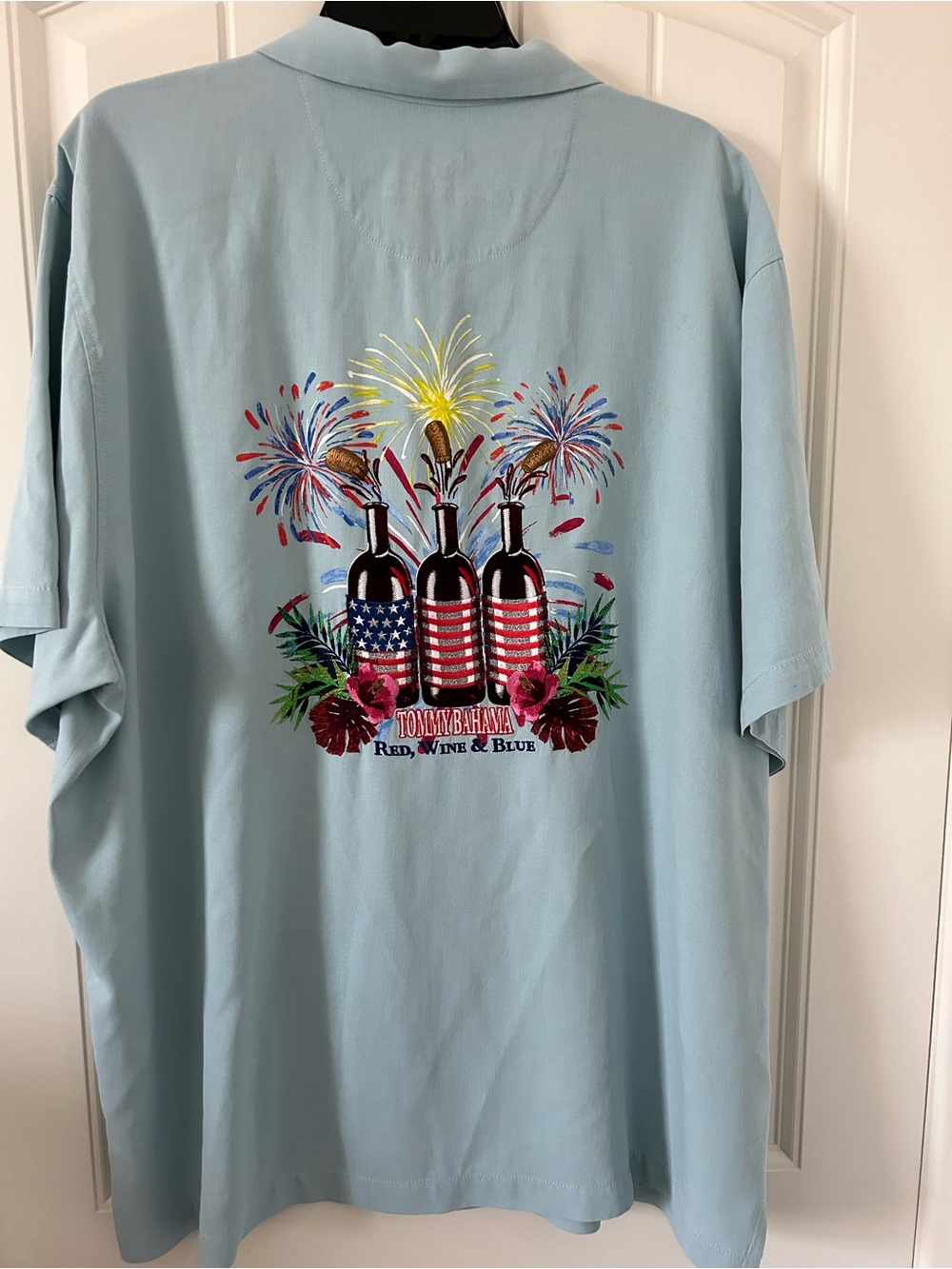 Tommy Bahama Silk Shirt Mens Tall XXL Blue Embroidered Patriotic Red Wine & Blue